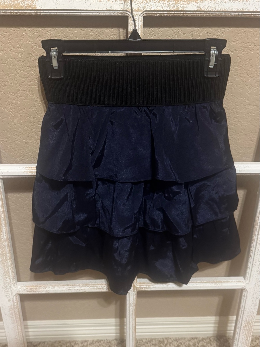 NWT Navy Tiered Ruffles Satin Mini Skirt with Elastic Waistband; Sz S [MSRP $30]